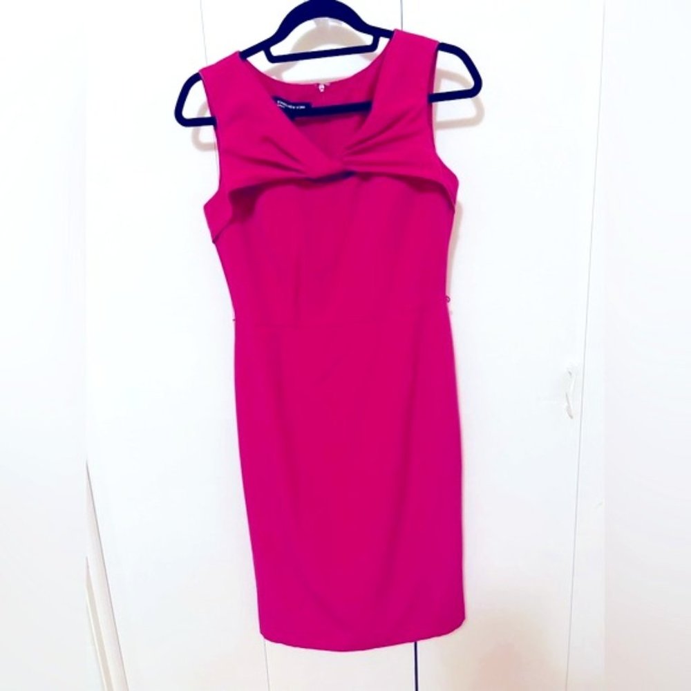 US4 Jones New York Hot Pink Pencil Skirt Business Casual Dress, Bow V Neck